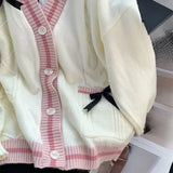 Casual Sweet Bow Cardigan Woman Autumn Winter Japanese Classic Preppy Style Knitted Coats Y2K Vintage Contrast Color V-Neck Tops