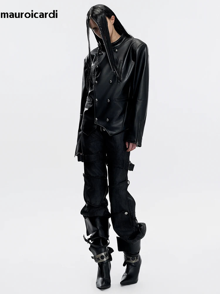 Mauroicardi Spring Long Black Distressed Waxed Cotton Denim Pants Man Metal Buckle Strap Streetwear Jeans Fashion Man Clothing