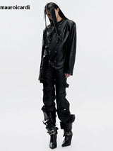 Mauroicardi Spring Long Black Distressed Waxed Cotton Denim Pants Man Metal Buckle Strap Streetwear Jeans Fashion Man Clothing