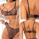 Toucheart 2-Piece Sexy Leopard Print Lingerie Set Bra Women Hollow Sexy Lingerie Thin Mesh Patchwork Print See-Through Sexy Set