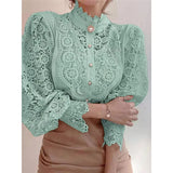 New Women's Long Sleeve High Neck  Chic Blouse, Lace Paneled Hollow Sleeve Elegant Top, Vintage Fashion Office Lady Outfits