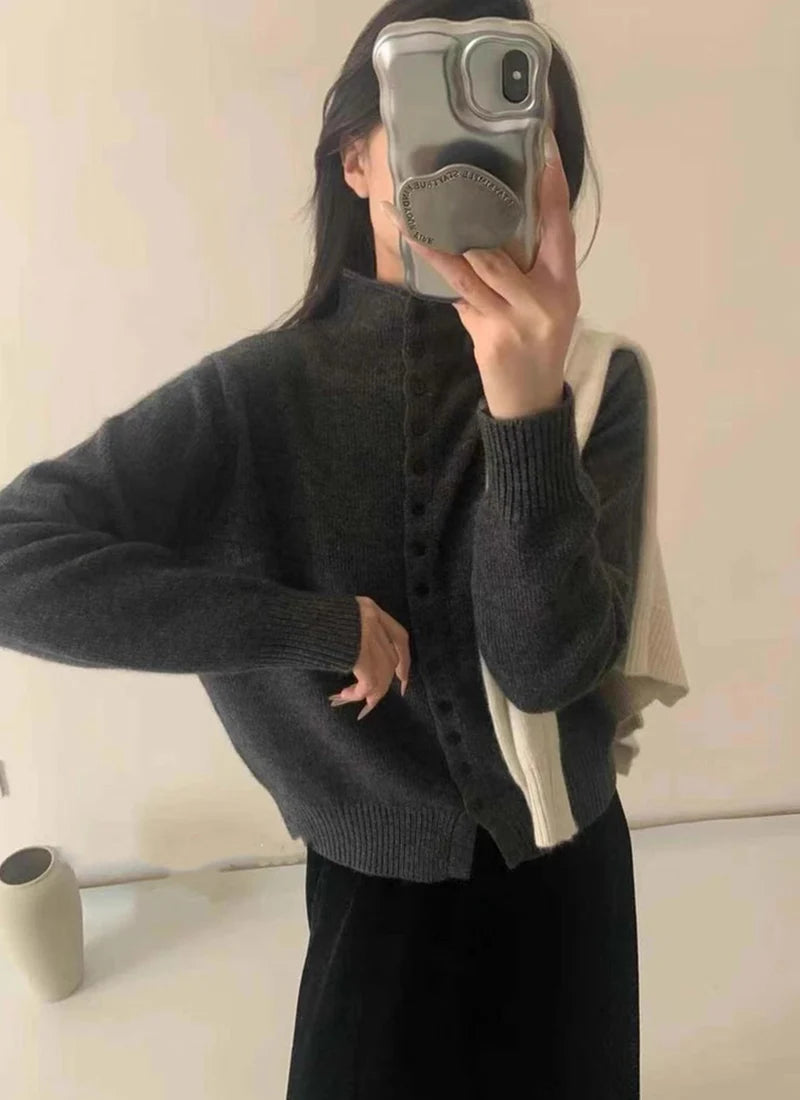 New Soft Comfortable Stand-Up Collar Sweater Cardigan Women Simple Single Breasted Cardigans Coat Autumn Solid Knitted Outerwear