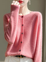 Women 100% Merino Wool Cardigan Soft O-Neck Cashmere Sweater OL Buttoned Knitwear Casual Top Clothing Korean Style