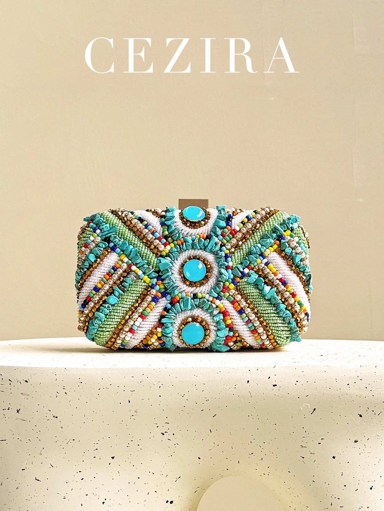 Women's Glamorous Luxury Colorful Beads Pearls Clutch Metal Frame Case Evening Bag Long Chain Purse Party Holiday Travel Tribal
