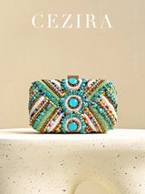 Women's Glamorous Luxury Colorful Beads Pearls Clutch Metal Frame Case Evening Bag Long Chain Purse Party Holiday Travel Tribal