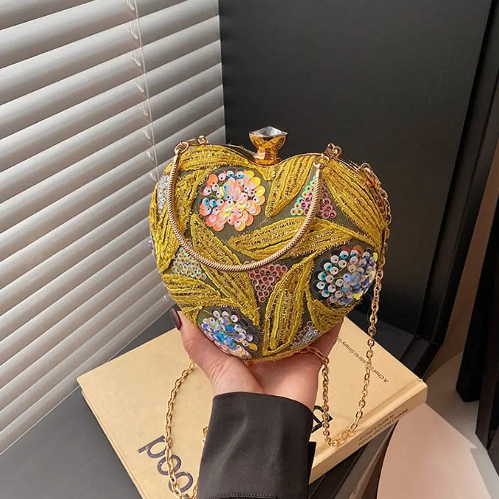 Wrist Bag Glitter Sequin Evening Banquet Bag Embroidery Elegant Heart Shape Handbag Sweet Large Capacity Ladies Clutch Bag Party