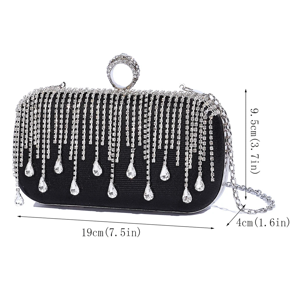 @Luxury Evening Clutch Bag Wedding Rhinestone Tassel Handbag Silver Purse Party Shoulder Bag for Women Fashion Black Bag