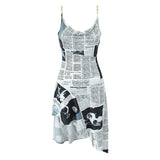 YENKYE New Women Newspaper Letter Print Irregular Hem Sling Dresses Fashion Backless Thin Straps With Chain Summer Sexy Dress