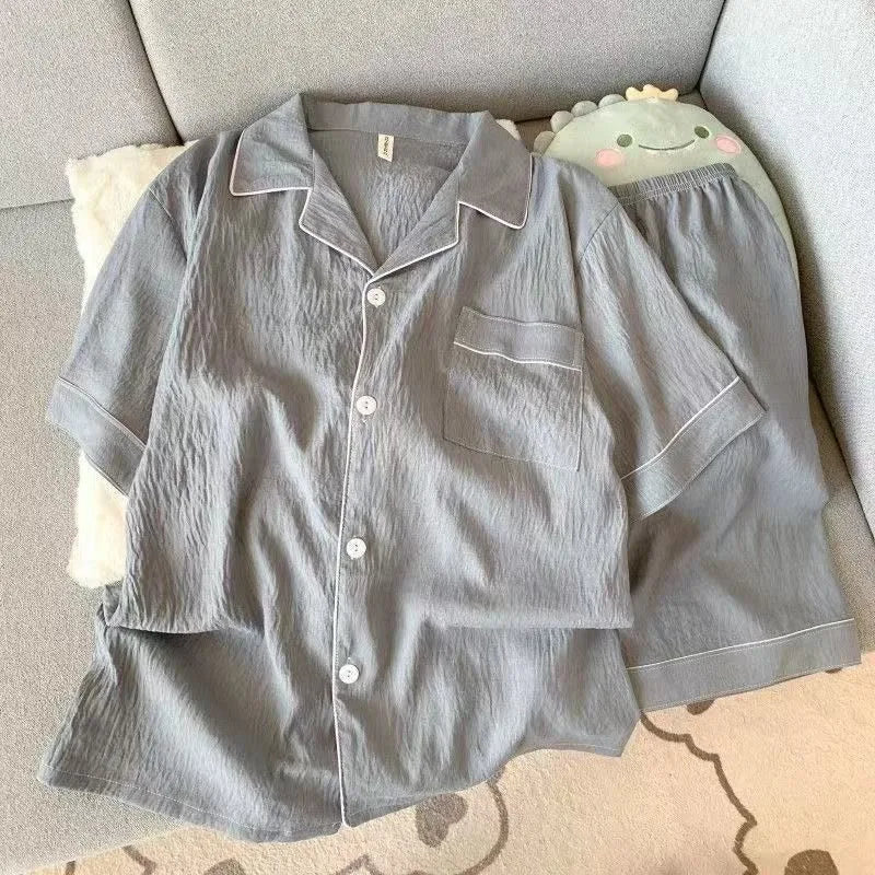 Youth Men's Slim Fit New Pajama Set Solid Color Short Sleeve Lapel Top and Elastic Shorts Pajamas Summer Loungewear Sleepwear