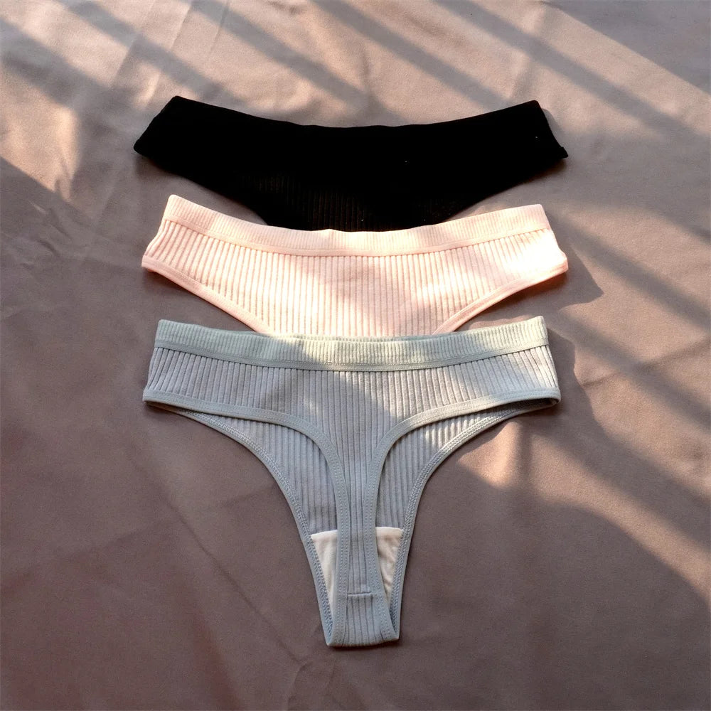 3 Pcs Seamless Ladies Ribbed Cotton Thong Simple Women's Low Waist Bikini Briefs Sports Girls Underwear Plus Size