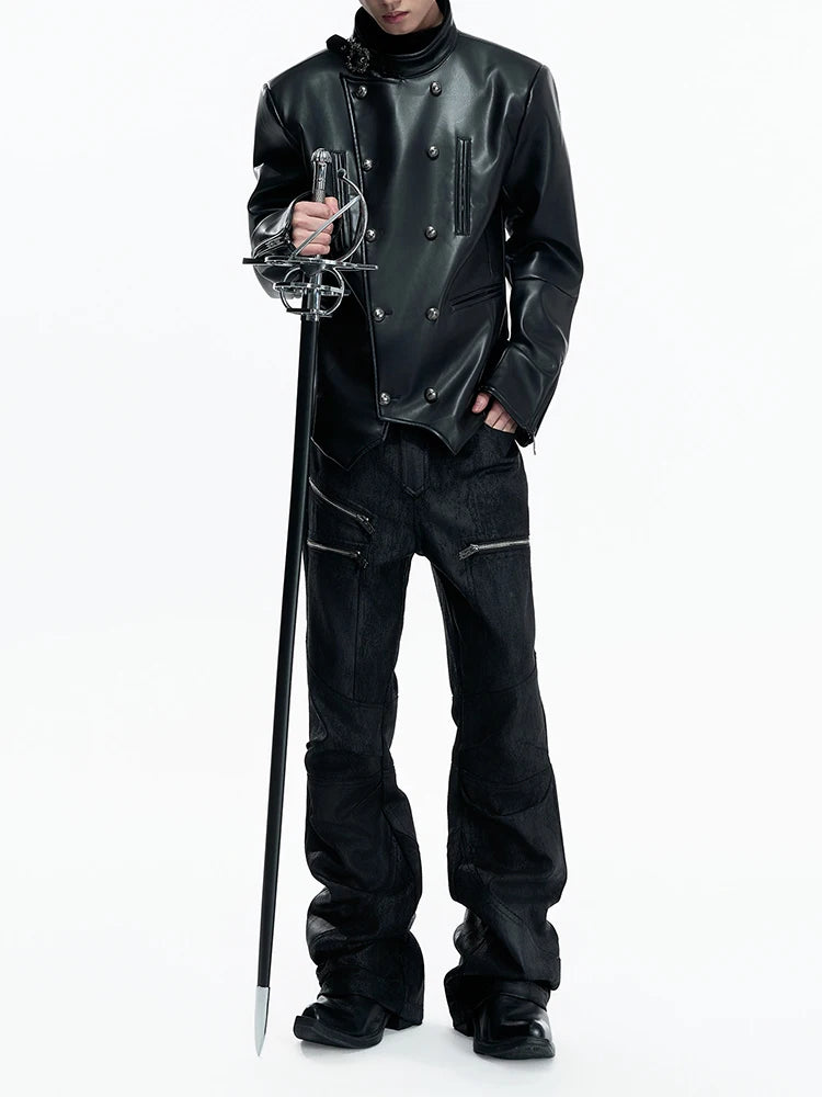 Mauroicardi Spring Long Black Distressed Waxed Cotton Denim Pants Man Metal Buckle Strap Streetwear Jeans Fashion Man Clothing