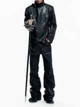 Mauroicardi Spring Long Black Distressed Waxed Cotton Denim Pants Man Metal Buckle Strap Streetwear Jeans Fashion Man Clothing