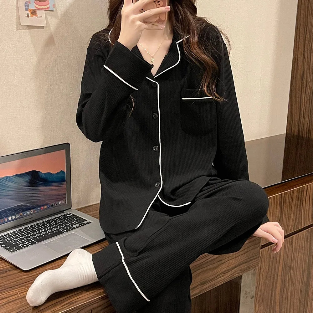 Spring and Autumn New Women's Long Sleeve Solid Color Pajamas Loungewear Set Girls Student Long Sleeve Cardigan Loungewear Set
