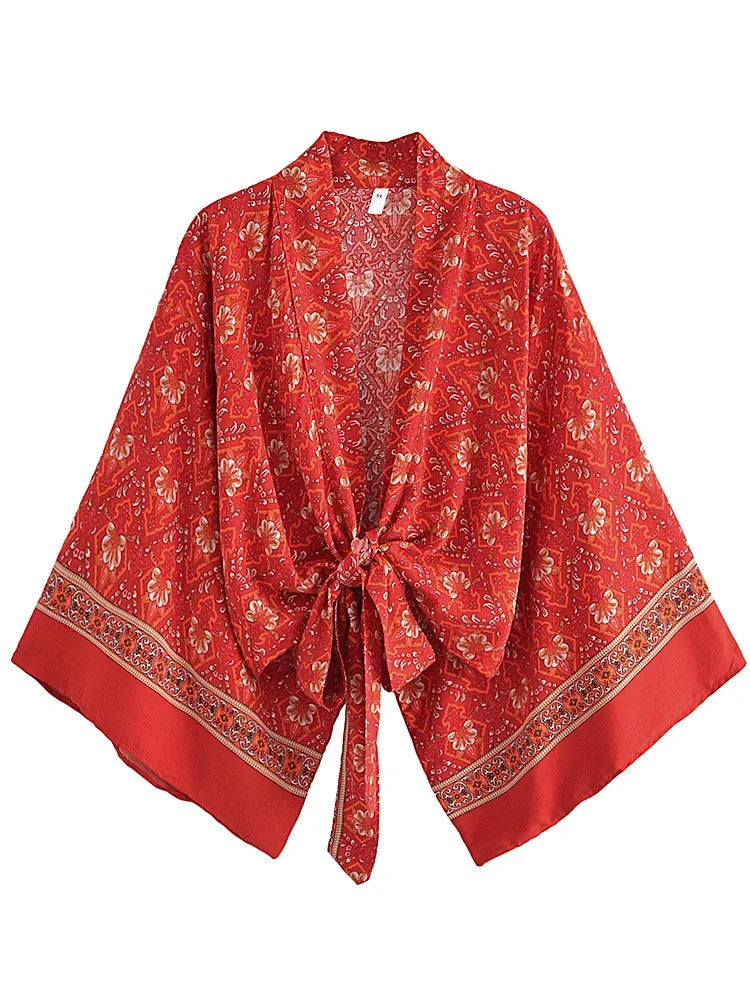 Boho Queens Red Floral Beach Kimono Short Robe Swimsuits Women Fashion Batwing Sleeves Rayon Bohemian Bikini Cover Ups Beachwear