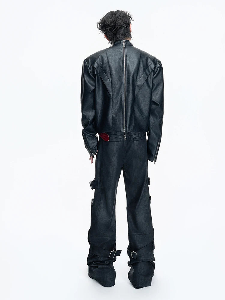 Mauroicardi Spring Long Black Distressed Waxed Cotton Denim Pants Man Metal Buckle Strap Streetwear Jeans Fashion Man Clothing