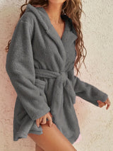 1 piece of women's solid color hooded robe with belt, cozy and warm fleece pajamas for home wear in autumn and winter.