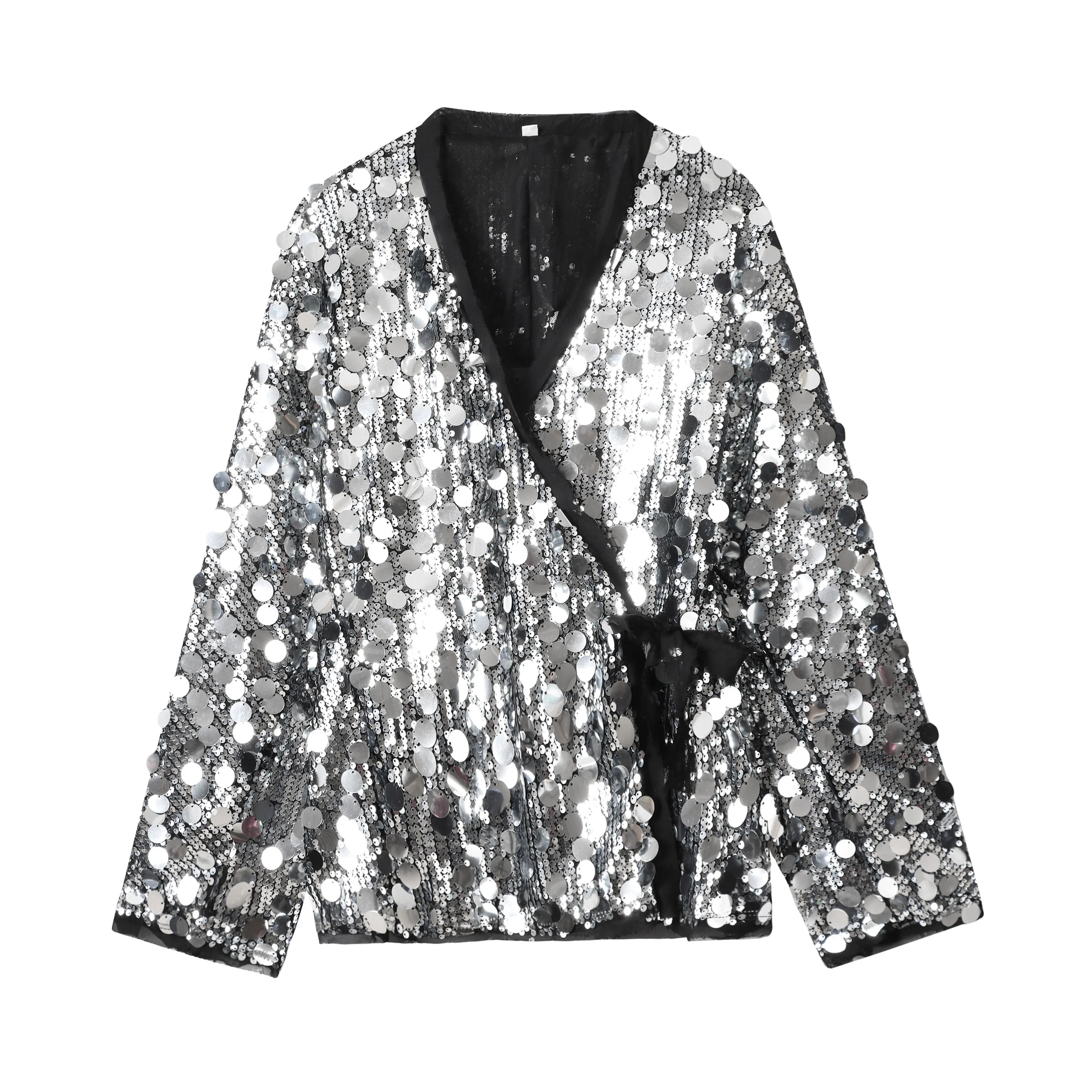 YENKYE New Autumn Women Sequin Kimono Jacket Coat Long Sleeve V Neck Female Casual Loose Outerwear Chic Lady Wrap Outfits