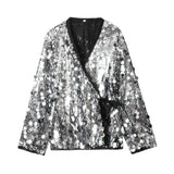YENKYE New Autumn Women Sequin Kimono Jacket Coat Long Sleeve V Neck Female Casual Loose Outerwear Chic Lady Wrap Outfits
