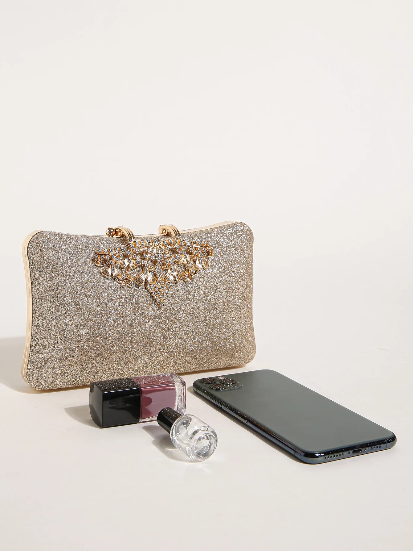 1PC Gold Glitter Clutch Box with Rhinestone Decor Cut-out Flower Flap Lock Closure Elegant Textured Frame Purse for Dinner