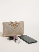 1PC Gold Glitter Clutch Box with Rhinestone Decor Cut-out Flower Flap Lock Closure Elegant Textured Frame Purse for Dinner