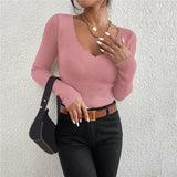 2026 Autumn Winter Women Solid Rib Knit V Neck Stripe Pull Sweater Femme Y2k Long Sleeve Pullover Jersey Tops Fashion Clothes