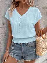 2025 Spring Summer New Fashion Blouses Solid V-Neck Jacquard Hollow-Out Smocking Short-Sleeve Shirts Fashion Casual Women's Tops