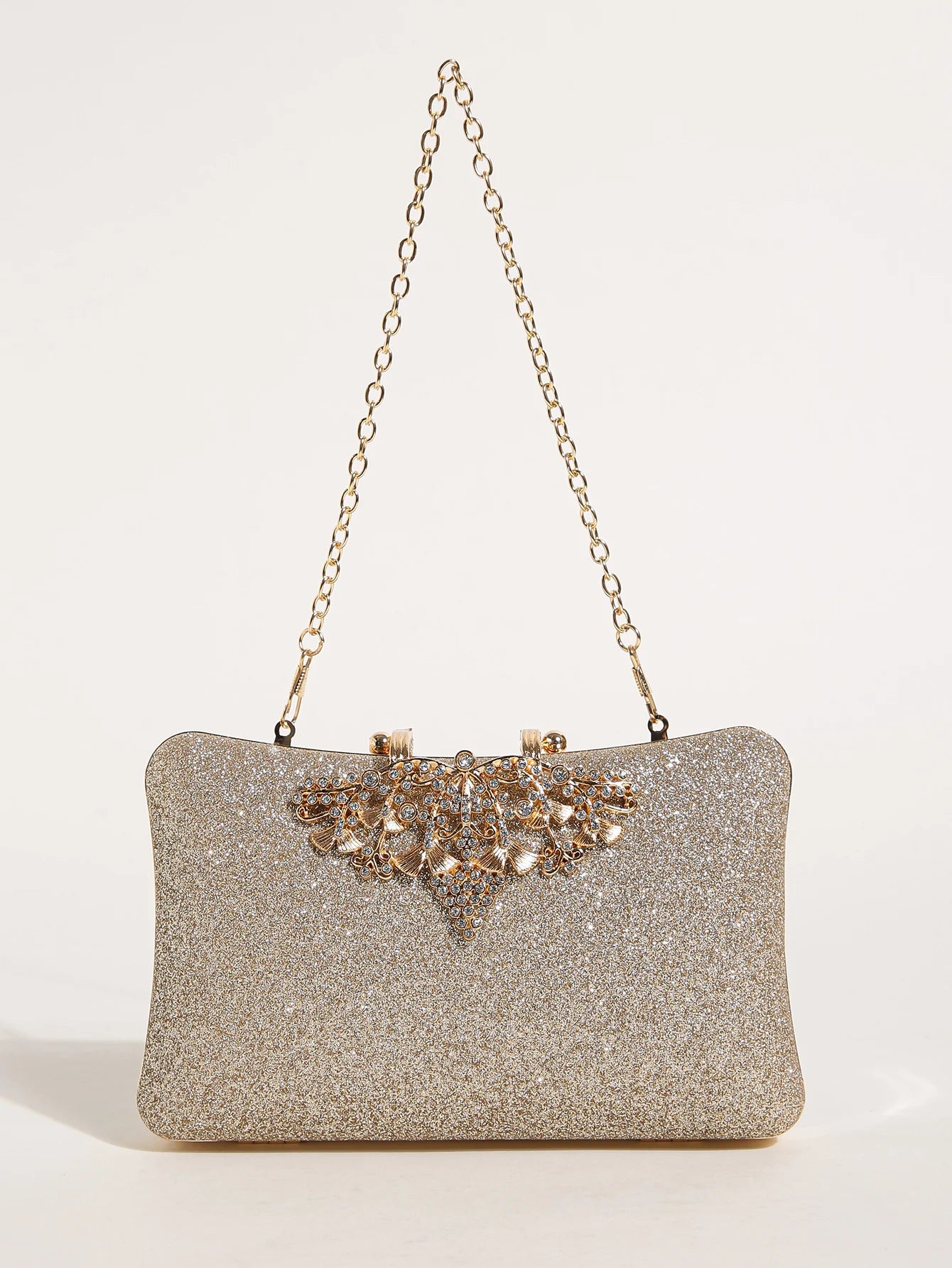 1PC Gold Glitter Clutch Box with Rhinestone Decor Cut-out Flower Flap Lock Closure Elegant Textured Frame Purse for Dinner