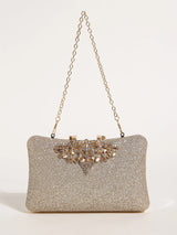 1PC Gold Glitter Clutch Box with Rhinestone Decor Cut-out Flower Flap Lock Closure Elegant Textured Frame Purse for Dinner