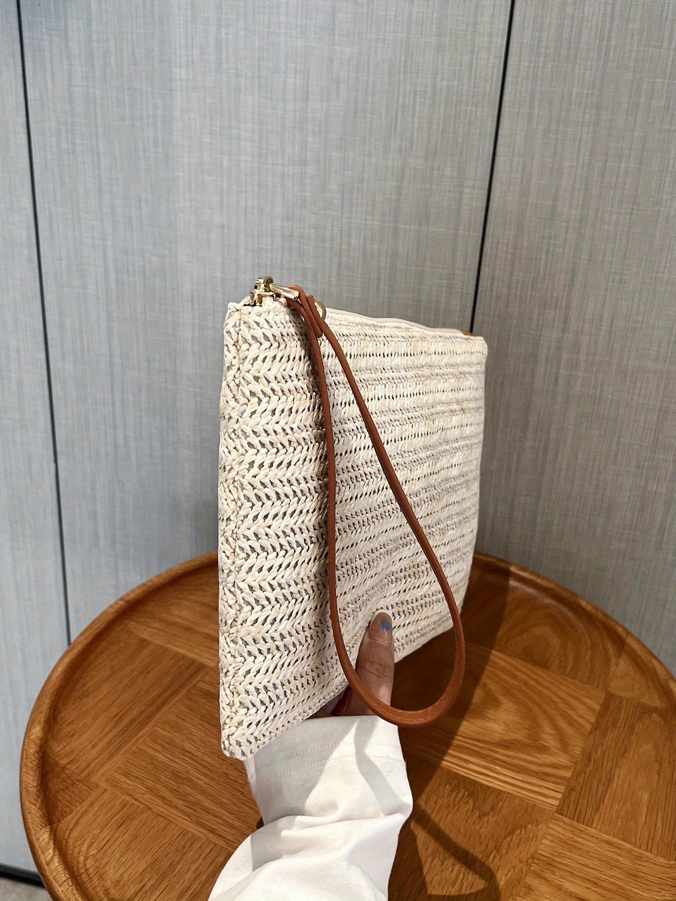 Straw Woven Clutch Bag, Trendy Braided Waist Purse, Women's Zipper Handbags for Phone Coin Key, Lady's Ultra Thin Straw Bag