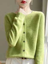 Women 100% Merino Wool Cardigan Soft O-Neck Cashmere Sweater OL Buttoned Knitwear Casual Top Clothing Korean Style