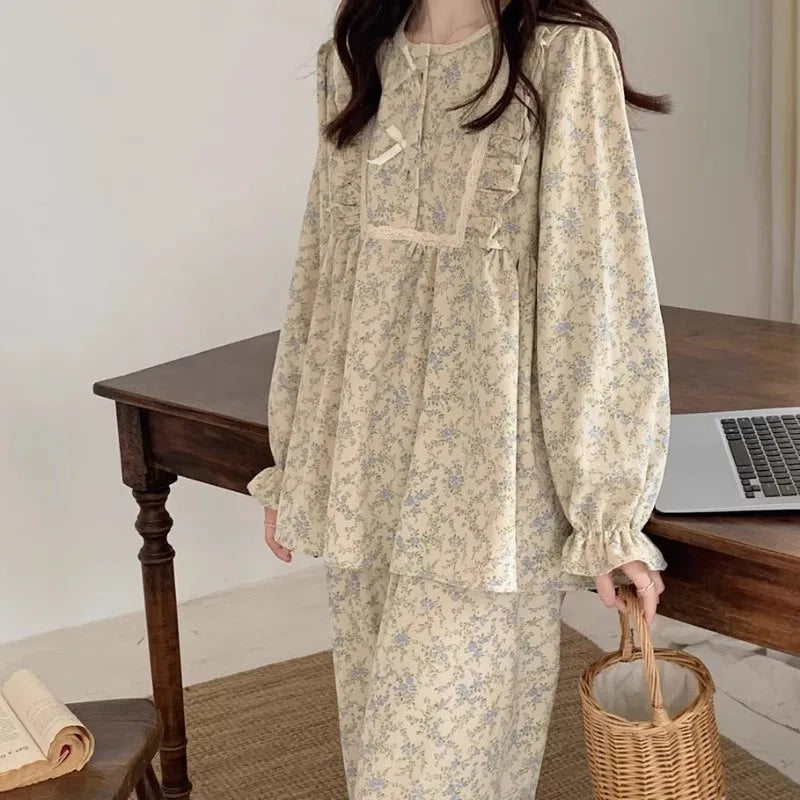 Four Seasons Can Wear Korean Style Floral Women's Pajamas Tops and Pants Summer Student Sleepwear Homewear Girl Sweet Nightwear