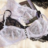 Sexy Hollow Bra French Ultra Thin Lace Embroidery Women Lingerie Set Underwire Push Up Bras Breathable Underwear and Panties Set