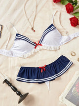 Naughty Sexy Sailor Lingerie Set, Schoolgirl Cosplay Costume 3 Piece Bikini Outfit for Roleplay Halloween Bachelorette Party