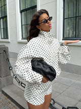 HH Woman Autumn Long Sleeves Turtleneck Zipper With Pockets Drawstring Casual Coats Women Fashion Polka Dot Printed Jacket