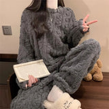 Women's Thickened Warm Sleepwear coral velvet homewear Fluffy O-neck leisure pajamas Striped Large Size Adapted Winter Sleepwear