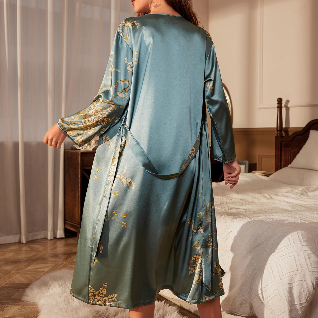 Cherry Print Belted Robe Sexy Satin Elegant Loungewear Four Seasons Breathable Sleepwear for Women