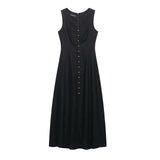 2025 Summer Elegant Dress Women Fashion Solid Square Collar Sleeveless Single Breasted Dress Ladies Vacation Green Spilt Dresses