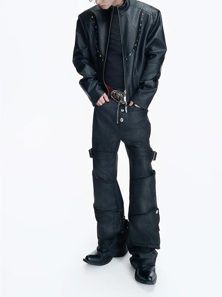 Mauroicardi Spring Long Black Distressed Waxed Cotton Denim Pants Man Metal Buckle Strap Streetwear Jeans Fashion Man Clothing