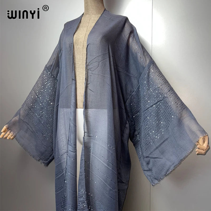WINYI 2023 Women Bohemian Gold Thread Monochrome Elegant Casual Dress African Cardigans Outerwear For Women Summer Sexy Kimono