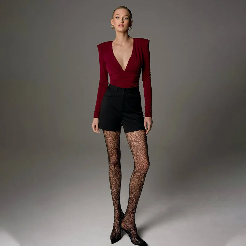 Ahagaga Fashion Women's Bodysuits Solid Regular Long Sleeves Deep V-Neck Basic Tops Skinny Streetwear Slim Fit Female T Shirts