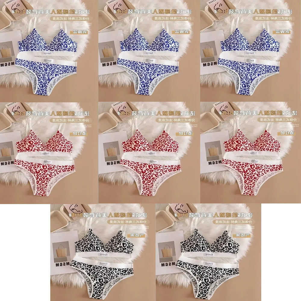 1/3/8Pcs Seamless Bra Set Low Waist Panties Leopard Bralette Sexy Lingerie Set Vneck Sport Brassiere Female Cotton Underwear Set