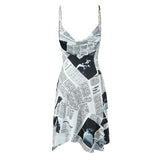 YENKYE New Women Newspaper Letter Print Irregular Hem Sling Dresses Fashion Backless Thin Straps With Chain Summer Sexy Dress