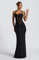 Mozision Halter Backless Sexy Maxi Dress Women Fashion Patchwork Off-shoulder Sleeveless Ruched Draped Bodycon Club Party Dress