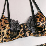 Sexy Wild Leopard Printed Lace Patchwork Lingerie Set Women Comfortable Three Piece Bra and Panty Set Female Exotic Apparel Suit