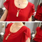 2026 Dress For Women Summer Wave Cut Ruffle Sweet Solid Short Sleeve Slim Dresses Lady Casual All-match Vestido O-Neck Chiffon