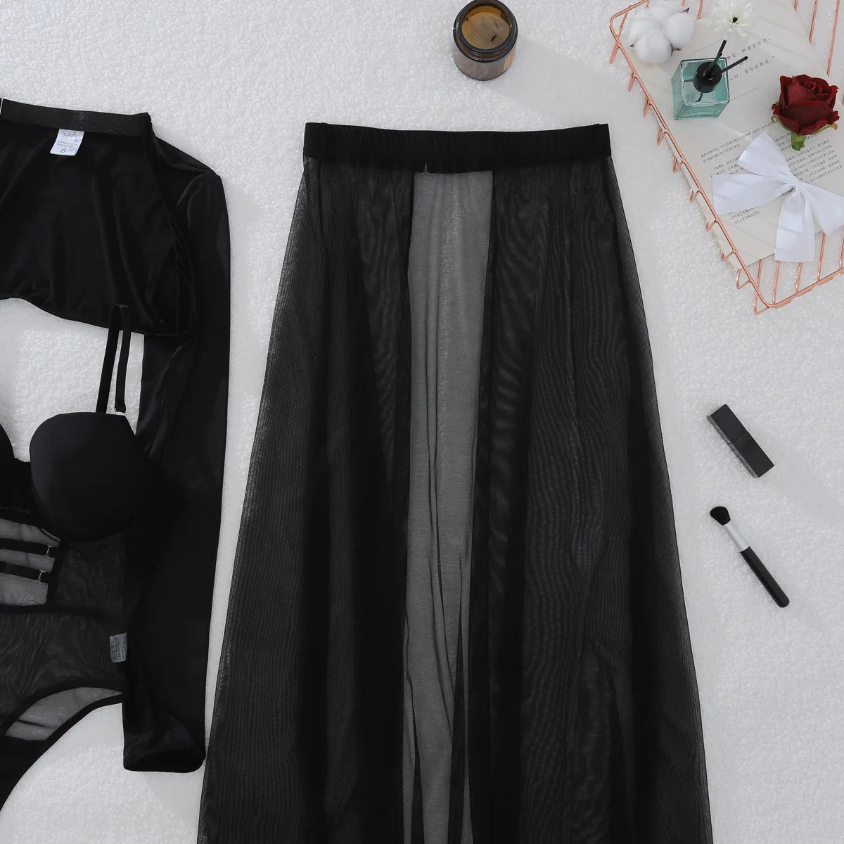 2025 New Perspective Mesh Body Shaping Jumpsuit Women's Sexy Splicing Split Skirt Female See Through Underwear 3-Piece Brief Set