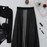 2025 New Perspective Mesh Body Shaping Jumpsuit Women's Sexy Splicing Split Skirt Female See Through Underwear 3-Piece Brief Set