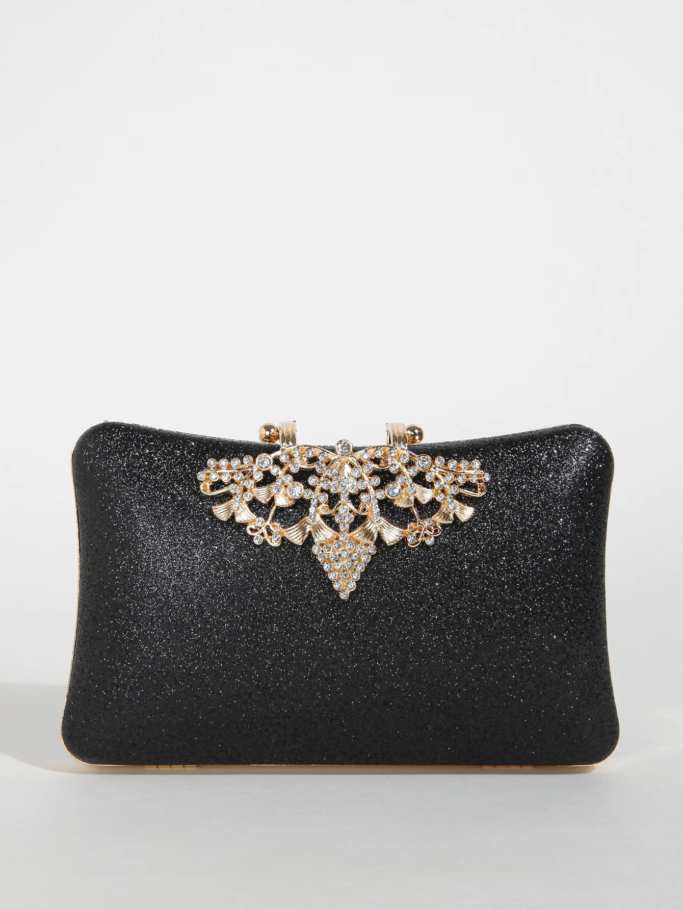 1PC Gold Glitter Clutch Box with Rhinestone Decor Cut-out Flower Flap Lock Closure Elegant Textured Frame Purse for Dinner