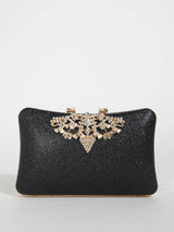 1PC Gold Glitter Clutch Box with Rhinestone Decor Cut-out Flower Flap Lock Closure Elegant Textured Frame Purse for Dinner