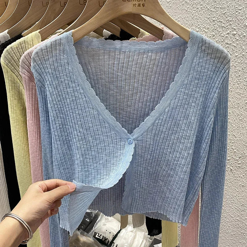 Summer Short Ice Silk Knitted Sun Protection Cardigan Women's Thin Suspender Skirt Layered Gauze Jacket Air-conditioned Cover Up